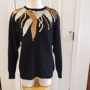 VINTAGE 80s Donagain Sweater Black Angora Silk, Wool, Sequins Size M